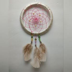 Dream Catcher white cord with metallic string Pink weave with beads and feathers